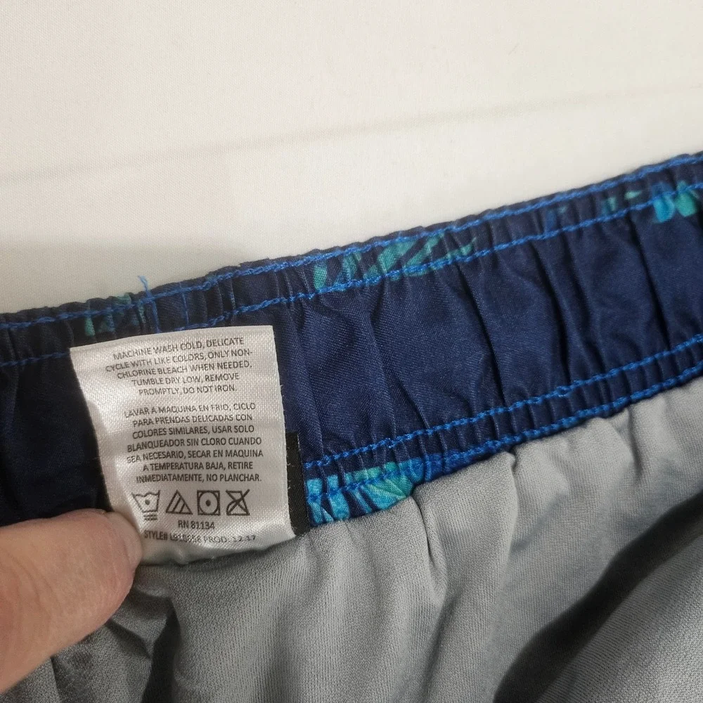 Laguna Mens Tropical Palm Print Swim Trunks Navy Blue Teal Orange Large L81134